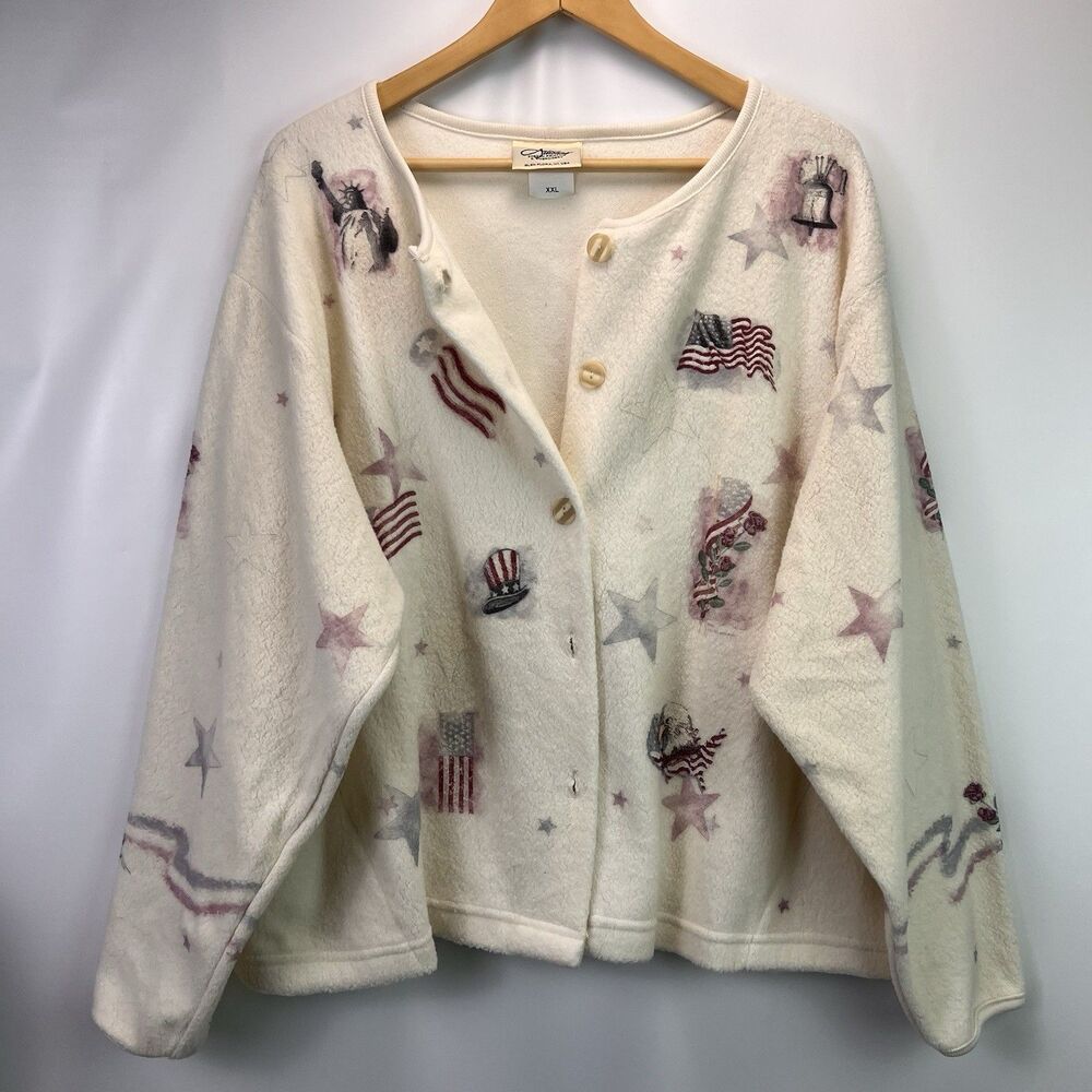 Vintage Artisans Patriotic Fleece Cardigan Size XXL USA Flag Eagle Made in USA